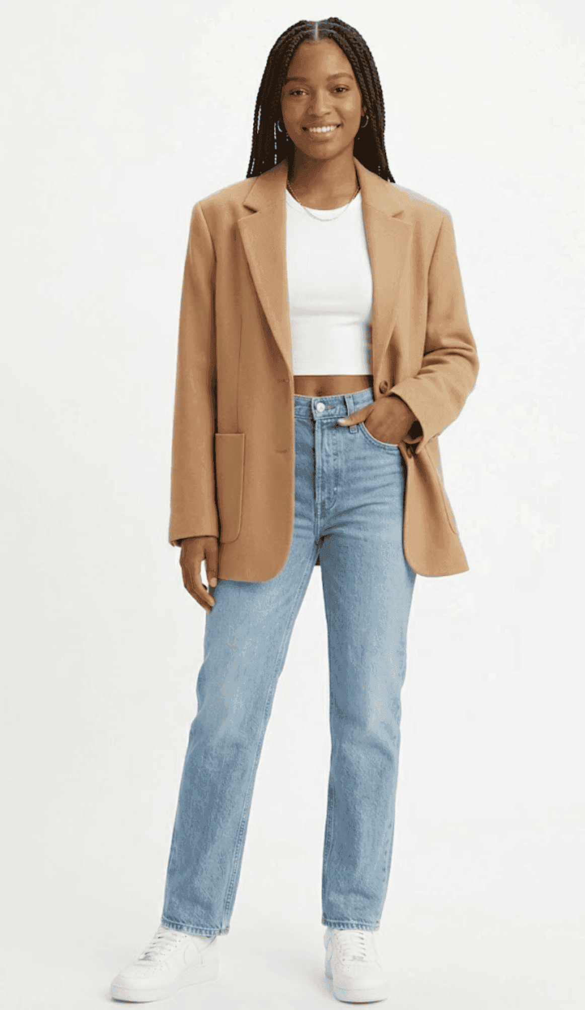 AI try-on — camel blazer with white crop top and light jeans