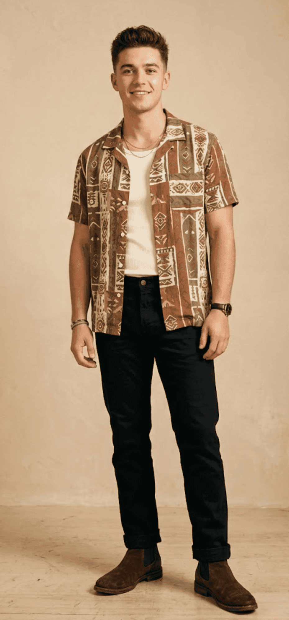 AI try-on — printed camp collar shirt