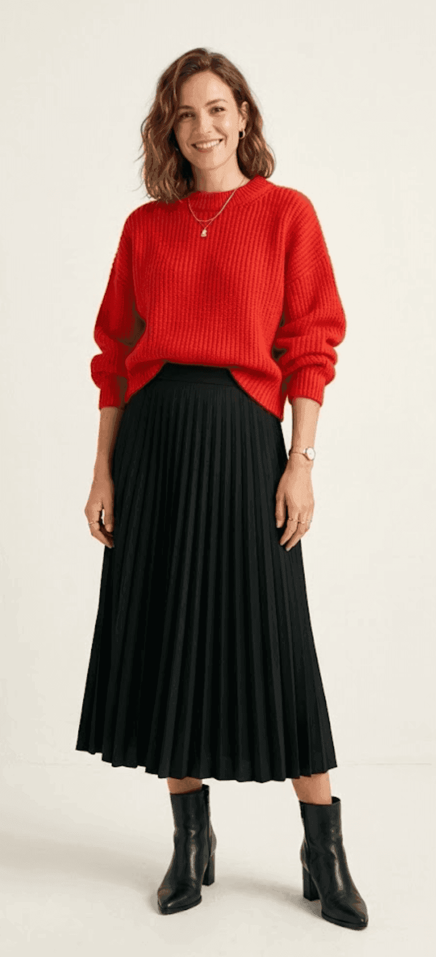 AI try-on — red knit sweater and pleated skirt
