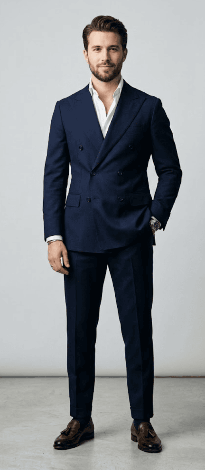 AI try-on — navy double-breasted suit