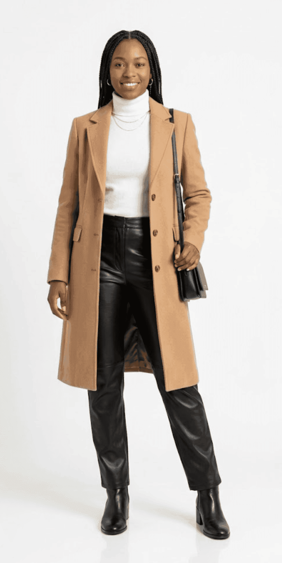 AI try-on — camel coat with leather pants