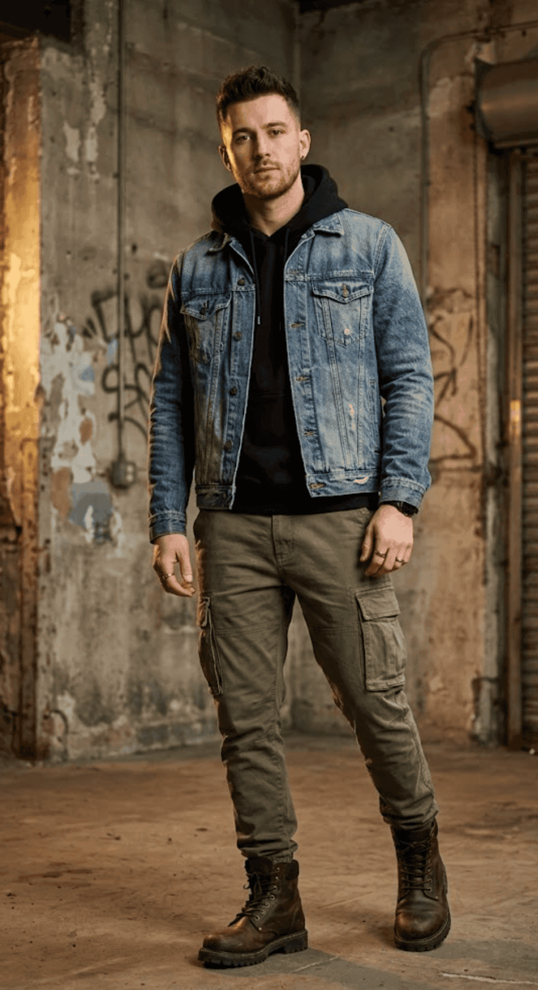 AI try-on — denim jacket and cargo pants