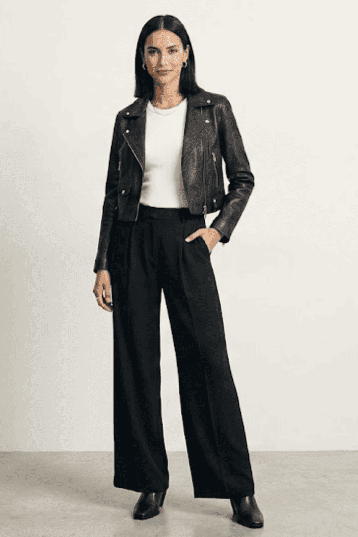 AI try-on — black leather moto jacket outfit