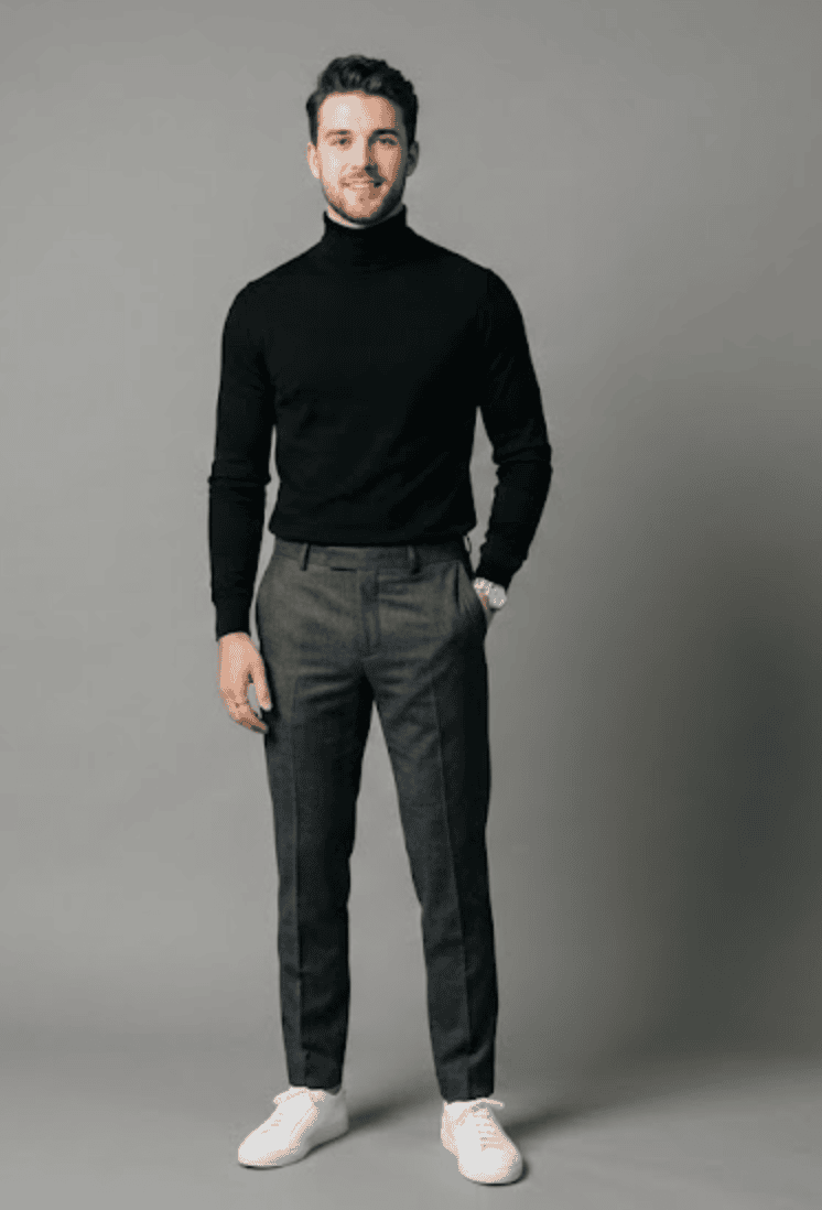 AI try-on — black turtleneck and charcoal trousers