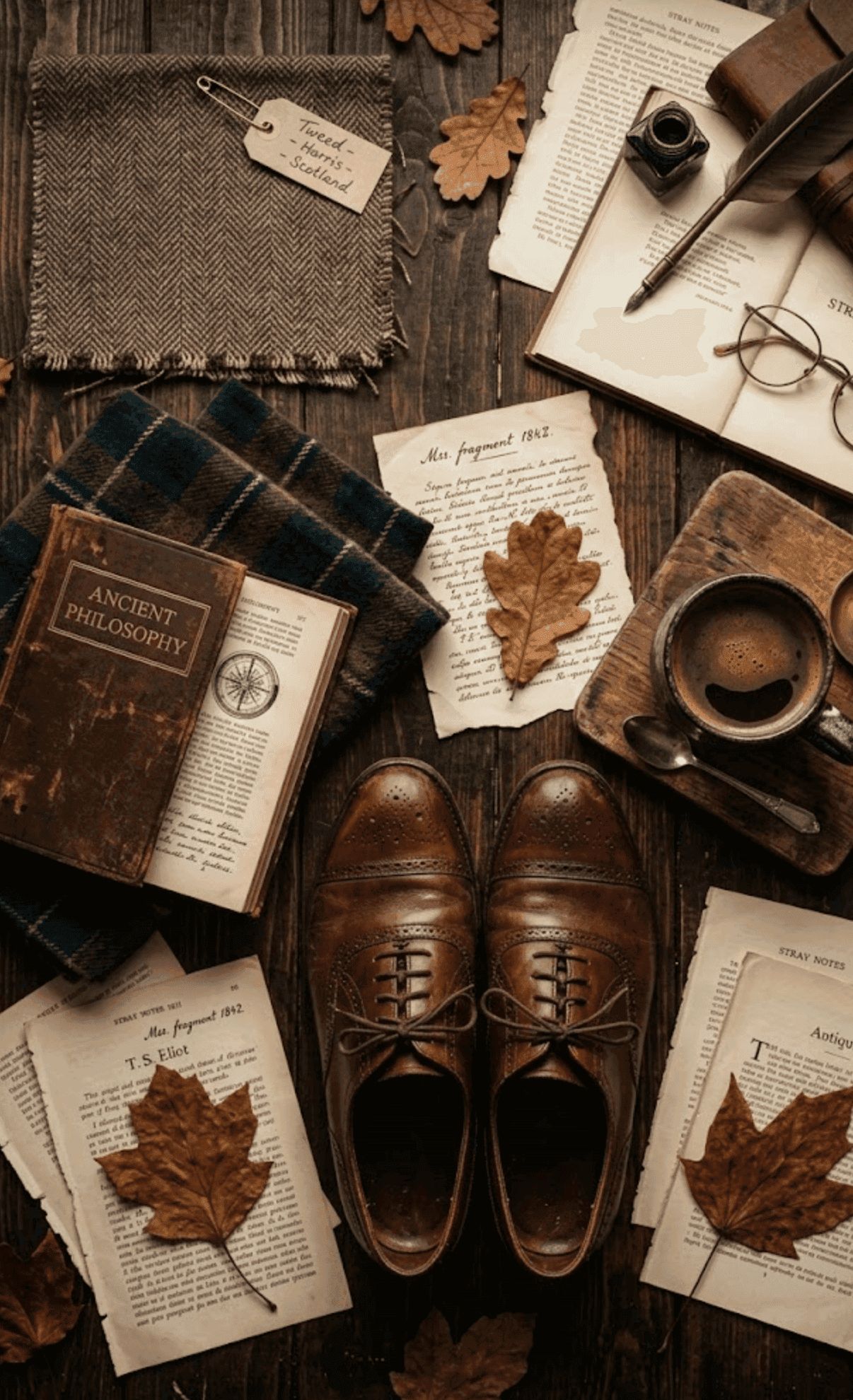 Dark academia moodboard — tweed and leather