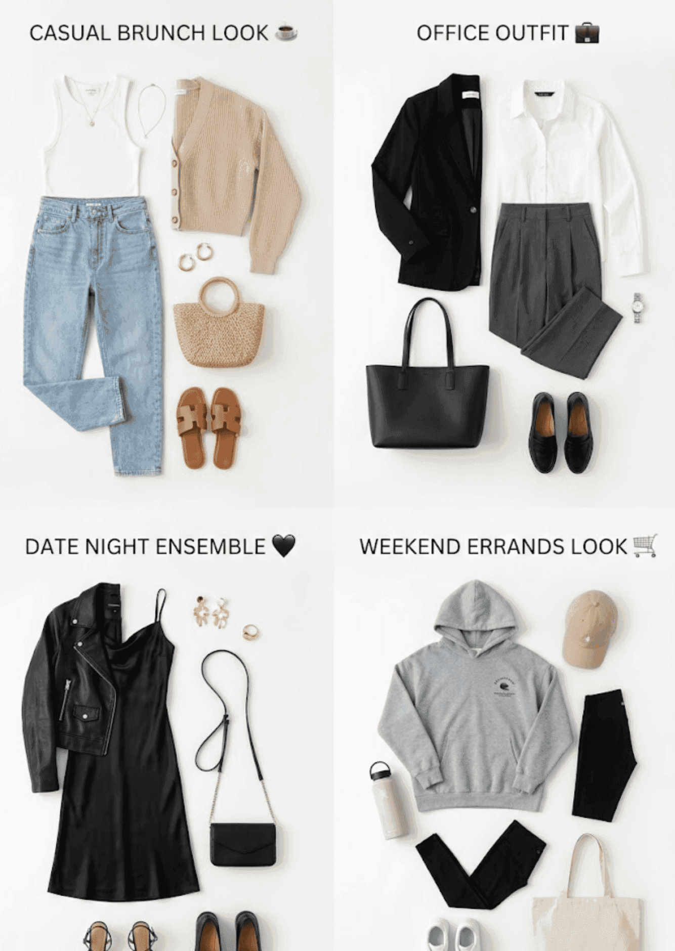Four outfit flat lay grid — brunch to weekend errands