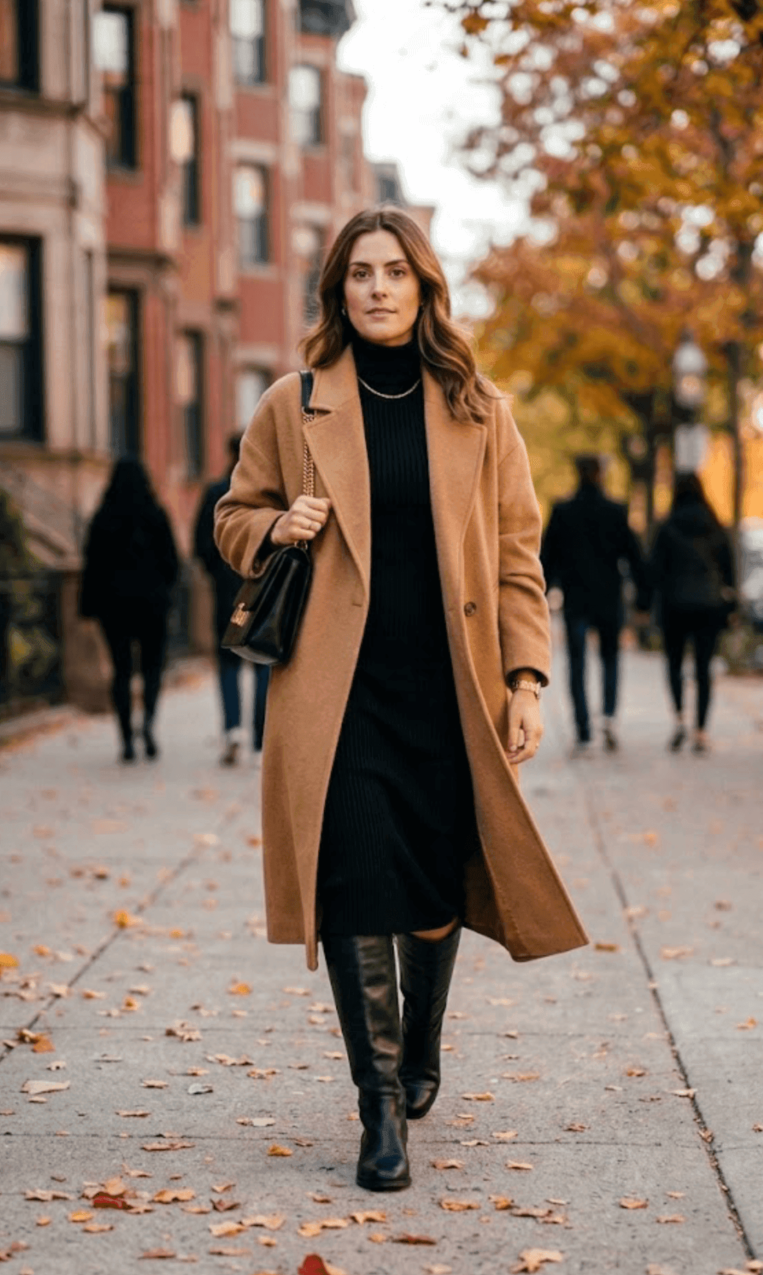 AI try-on — camel coat on an autumn city street