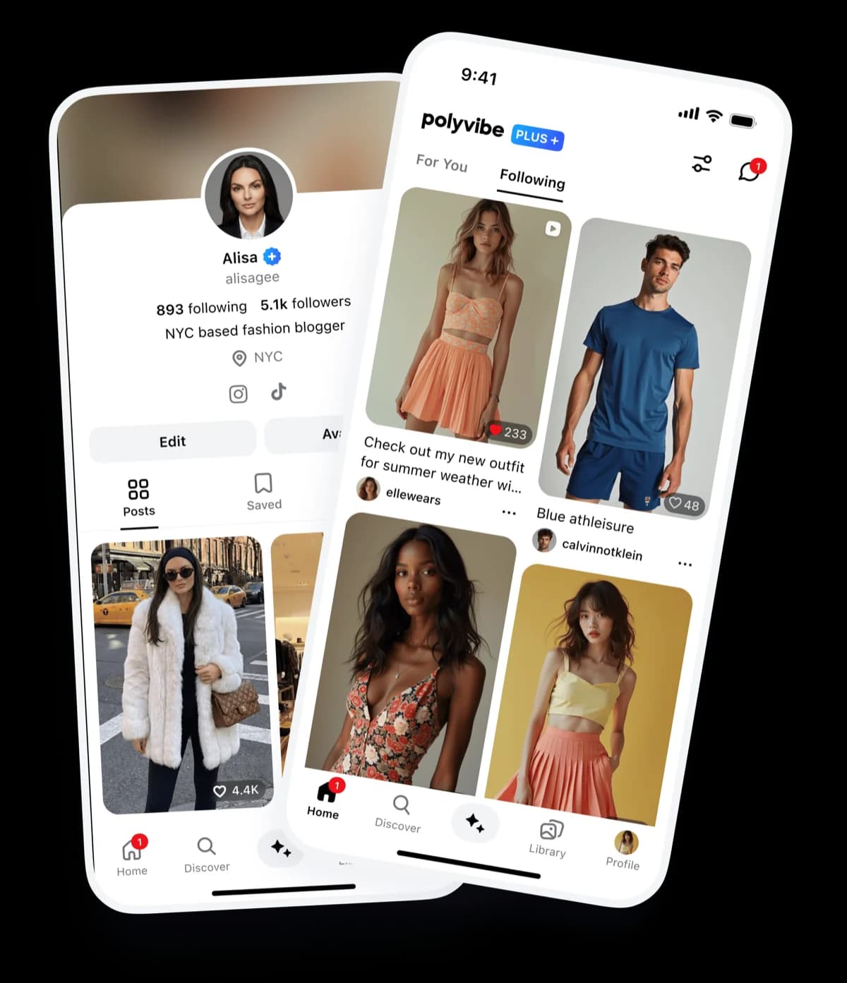 Polyvibe app showing outfit discovery and AI try-on features